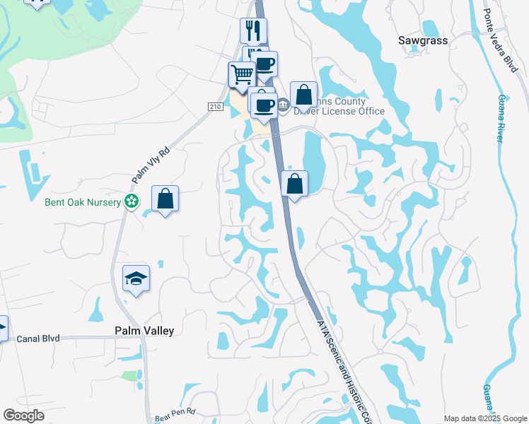 map of restaurants, bars, coffee shops, grocery stores, and more near 100 Bay Hill Court in Ponte Vedra Beach