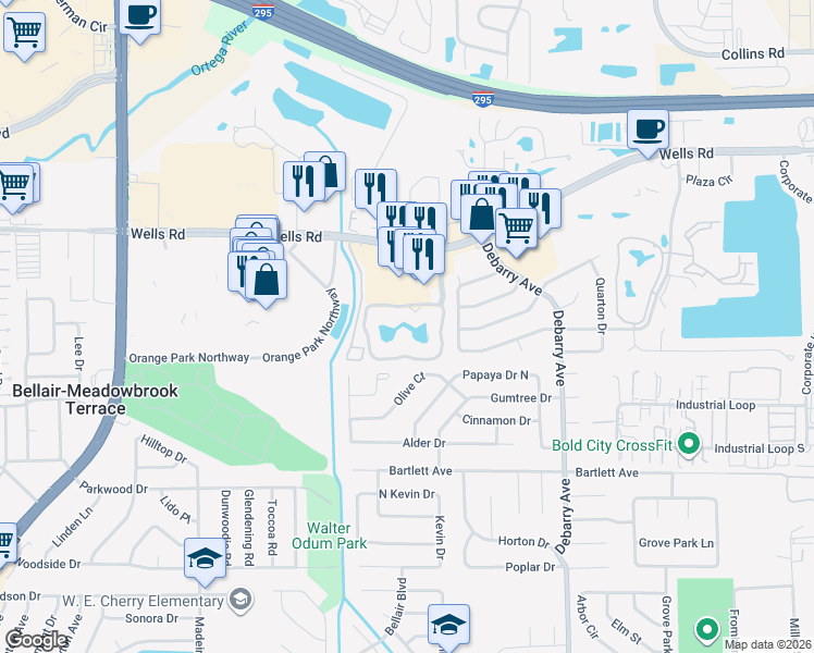 map of restaurants, bars, coffee shops, grocery stores, and more near 1710 Wells Road in Orange Park