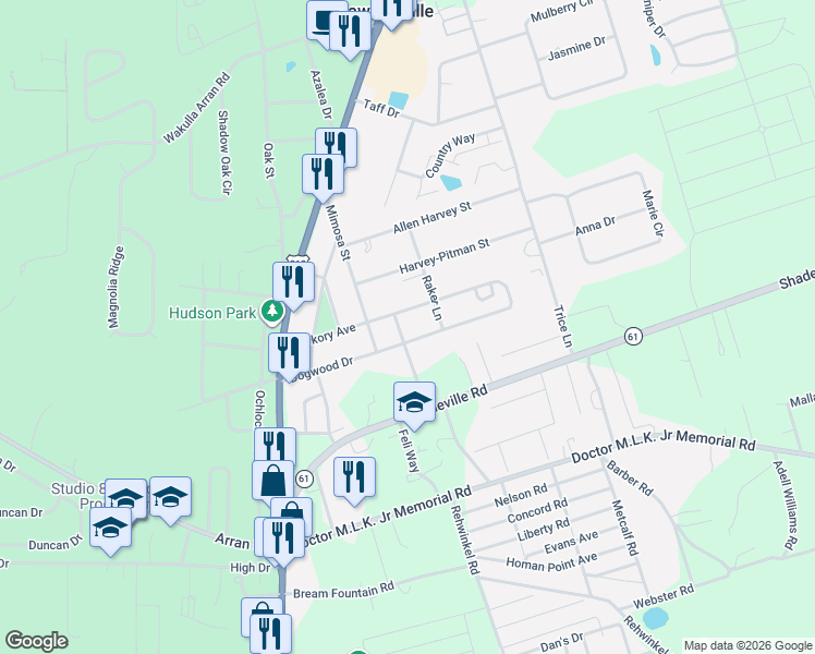 map of restaurants, bars, coffee shops, grocery stores, and more near 52 Rocky Mountain Road in Crawfordville
