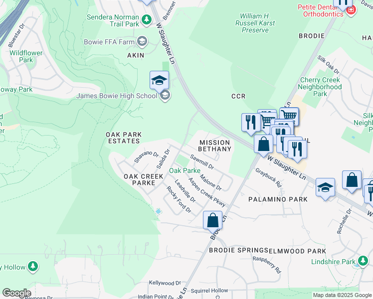 map of restaurants, bars, coffee shops, grocery stores, and more near 3721 Malone Drive in Austin