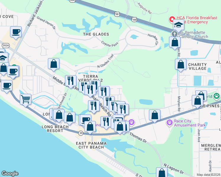 map of restaurants, bars, coffee shops, grocery stores, and more near Shoal Point Court in Panama City Beach