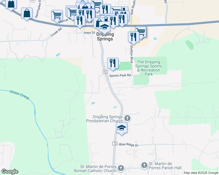 map of restaurants, bars, coffee shops, grocery stores, and more near 111 A B Chestnut Ridge in Dripping Springs