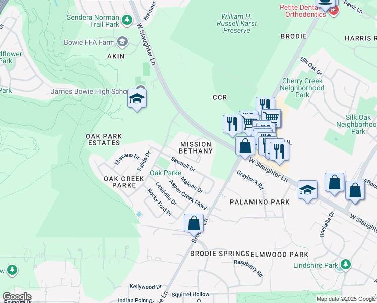 map of restaurants, bars, coffee shops, grocery stores, and more near 3621 West Slaughter Lane in Austin