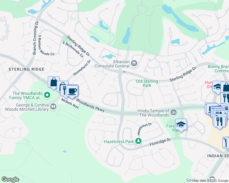 map of restaurants, bars, coffee shops, grocery stores, and more near 3 Middle Gate Place in Spring