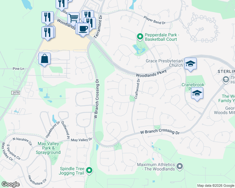 map of restaurants, bars, coffee shops, grocery stores, and more near 114 Bryce Branch Circle in Spring