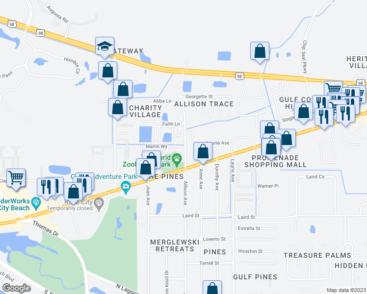 map of restaurants, bars, coffee shops, grocery stores, and more near 1957 Allison Avenue in Panama City Beach