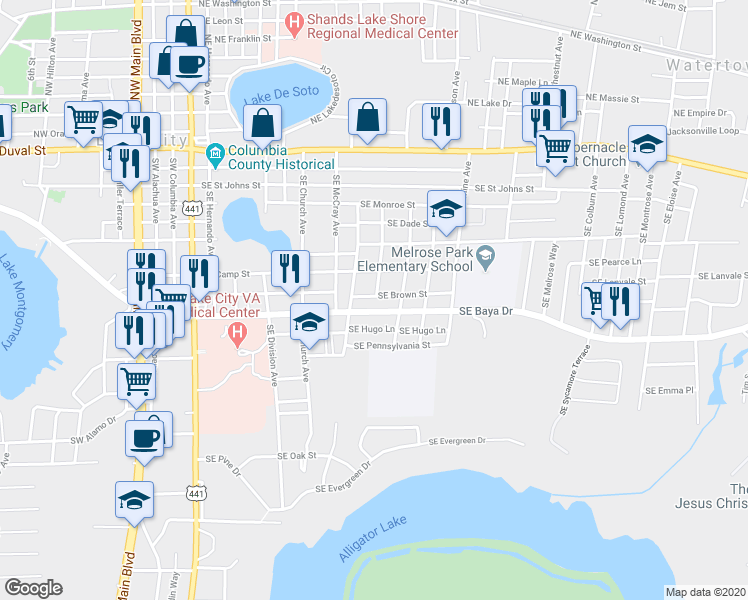 map of restaurants, bars, coffee shops, grocery stores, and more near 572 Southeast Brown Street in Lake City