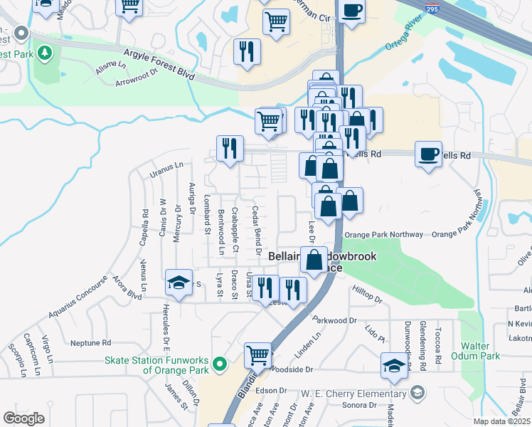 map of restaurants, bars, coffee shops, grocery stores, and more near 1956 Blue Bird Run East in Orange Park