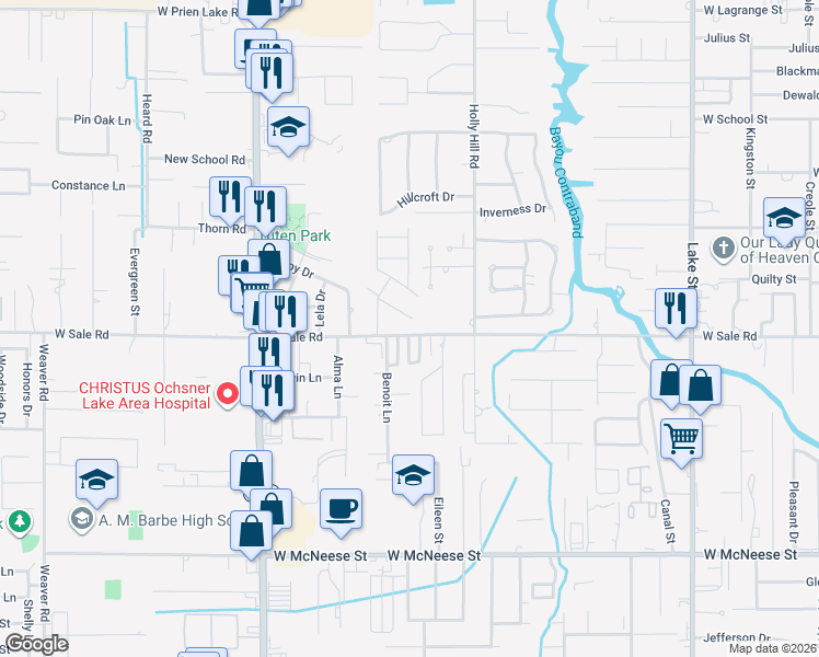 map of restaurants, bars, coffee shops, grocery stores, and more near 1518 West Sale Road in Lake Charles