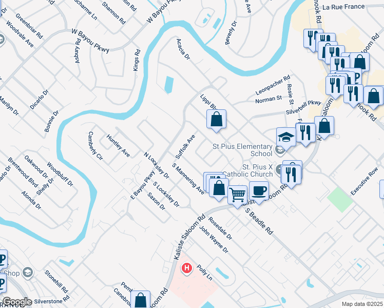 map of restaurants, bars, coffee shops, grocery stores, and more near 306 Suffolk Avenue in Lafayette