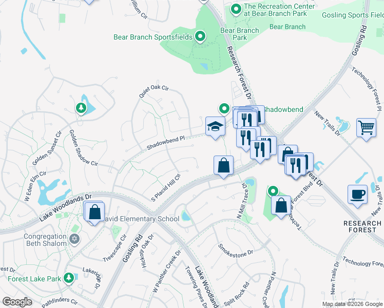 map of restaurants, bars, coffee shops, grocery stores, and more near 1 Tanager Trail in Spring