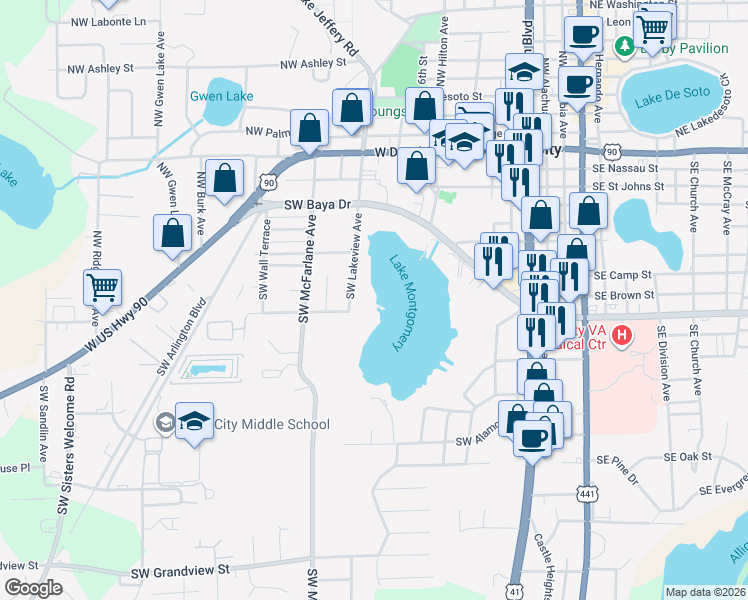 map of restaurants, bars, coffee shops, grocery stores, and more near 419 Southwest Lakeview Avenue in Lake City