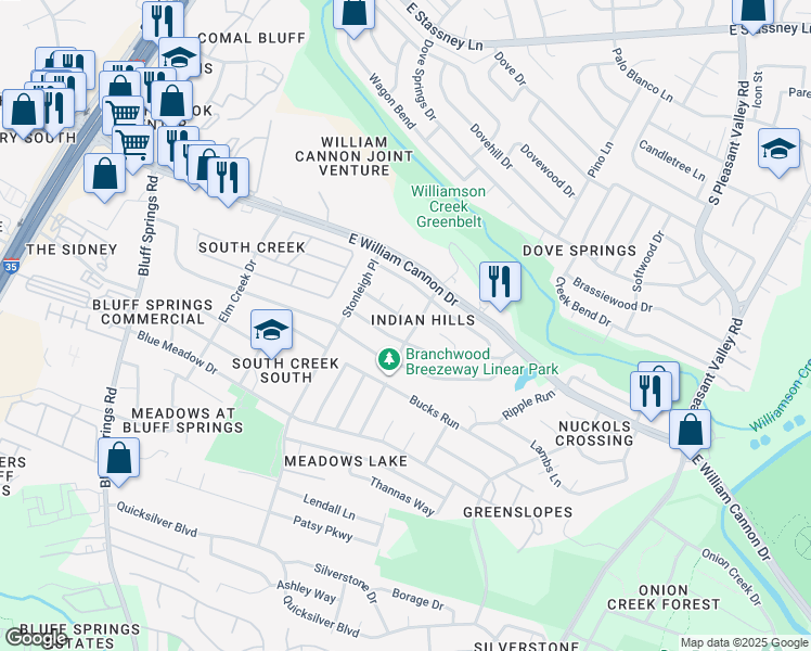 map of restaurants, bars, coffee shops, grocery stores, and more near 2327 Bendridge Trail in Austin