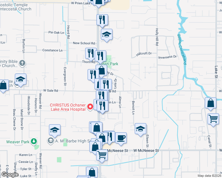 map of restaurants, bars, coffee shops, grocery stores, and more near 1705 Charles Dr in Lake Charles