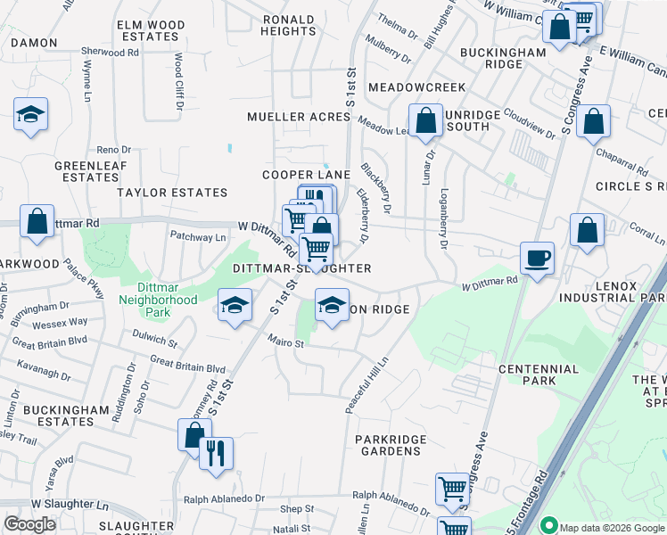 map of restaurants, bars, coffee shops, grocery stores, and more near 7716 Cloudberry Circle in Austin