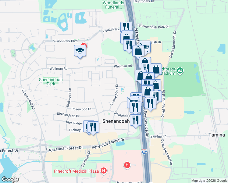 map of restaurants, bars, coffee shops, grocery stores, and more near 28962 Twisted Oak Drive in Shenandoah