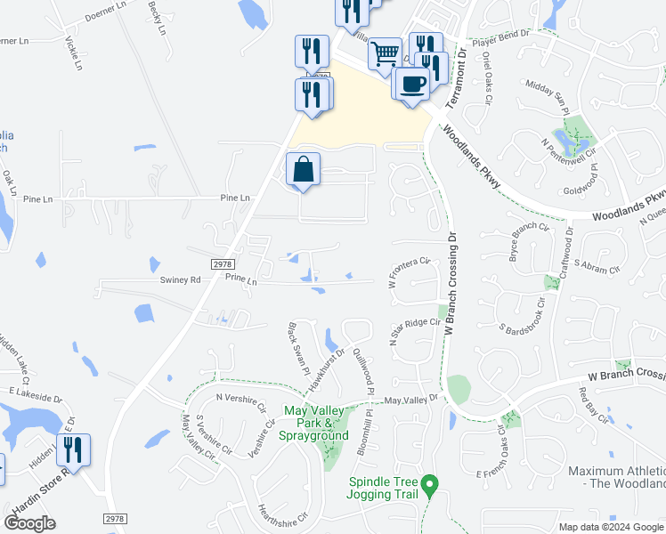 map of restaurants, bars, coffee shops, grocery stores, and more near 8450 Prine Lane in Magnolia