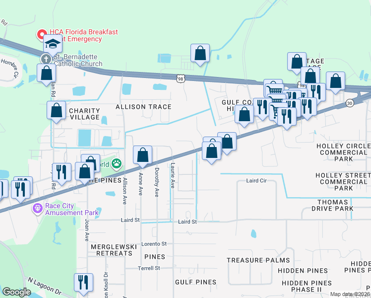 map of restaurants, bars, coffee shops, grocery stores, and more near 8700 Kilgore Road in Panama City