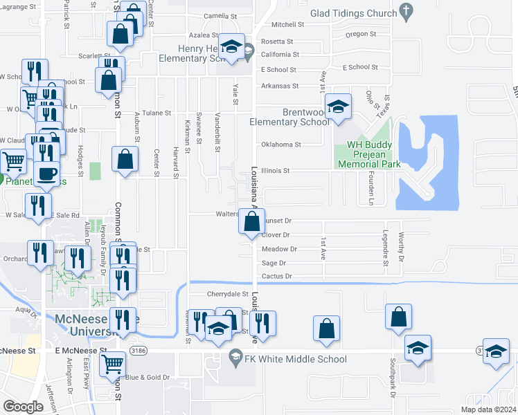 map of restaurants, bars, coffee shops, grocery stores, and more near 4027 Louisiana Avenue in Lake Charles