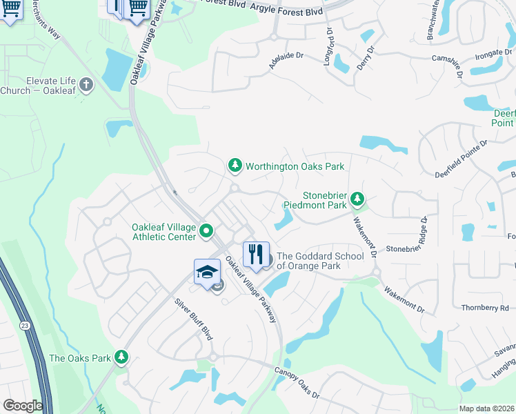 map of restaurants, bars, coffee shops, grocery stores, and more near 508 Millstone Drive in Orange Park