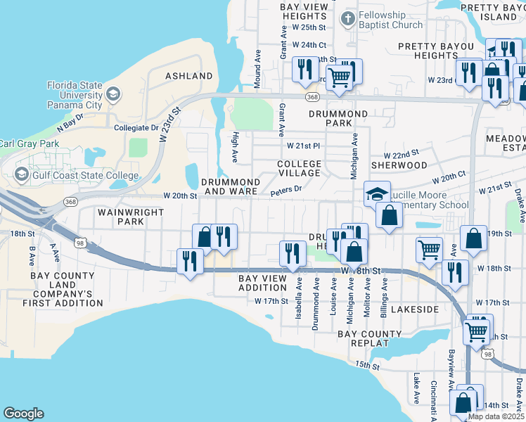 map of restaurants, bars, coffee shops, grocery stores, and more near 1918 Mound Avenue in Panama City