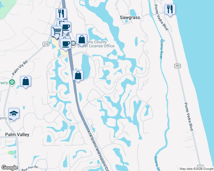 map of restaurants, bars, coffee shops, grocery stores, and more near 54 Village Walk Drive in Ponte Vedra Beach