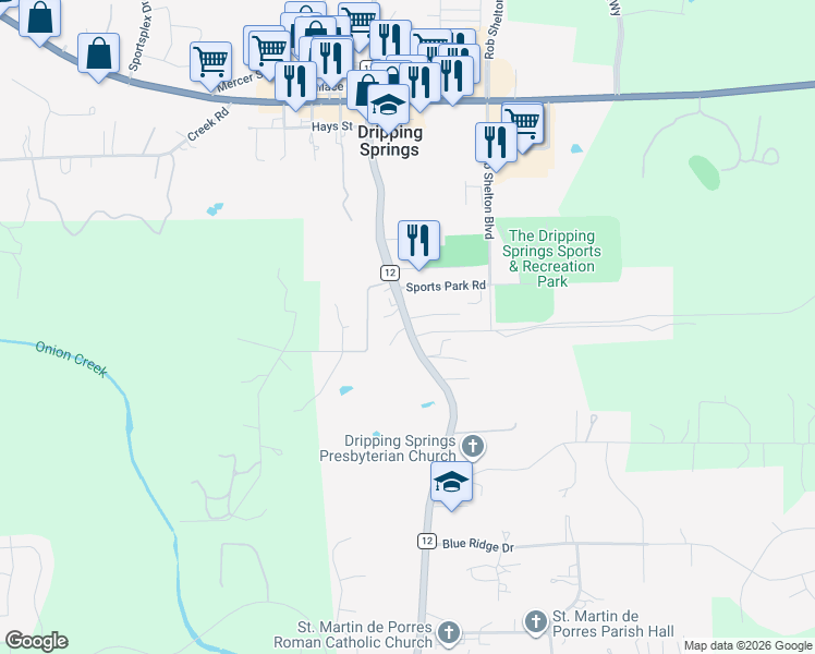 map of restaurants, bars, coffee shops, grocery stores, and more near 130 Chestnut Ridge in Dripping Springs