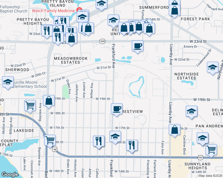 map of restaurants, bars, coffee shops, grocery stores, and more near 1925 Frankford Avenue in Panama City