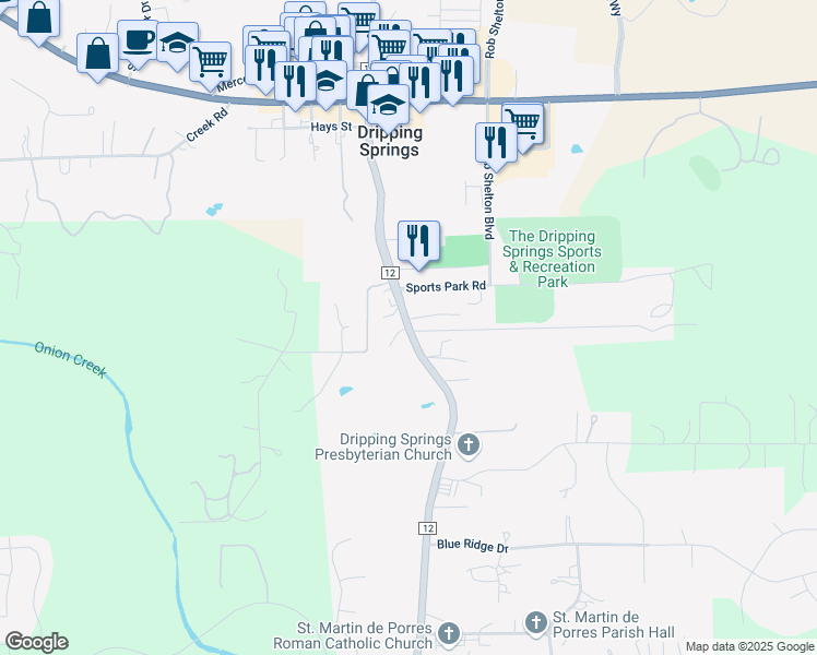 map of restaurants, bars, coffee shops, grocery stores, and more near 110 Chestnut Ridge in Dripping Springs
