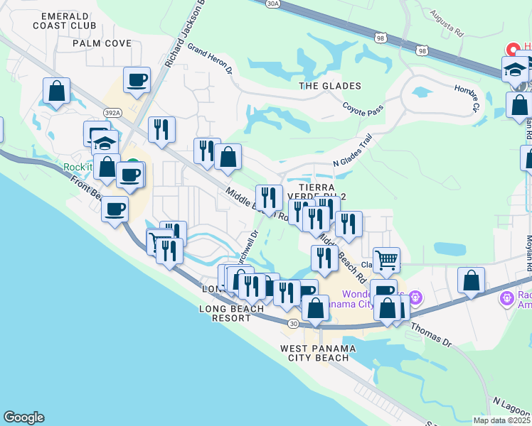 map of restaurants, bars, coffee shops, grocery stores, and more near in P C BEACH