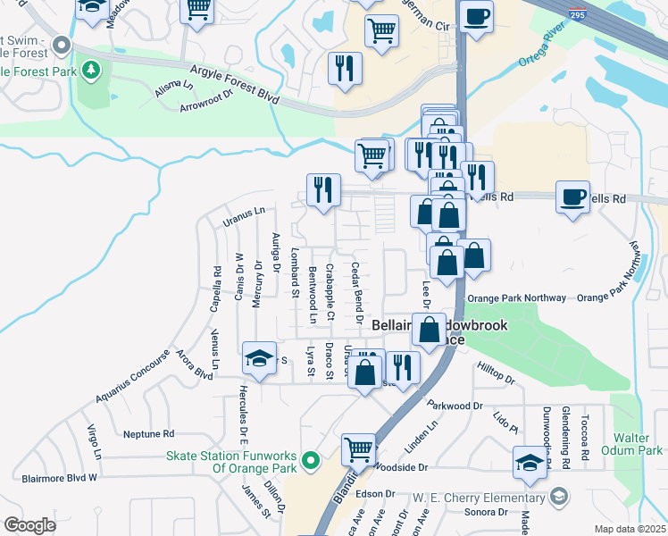 map of restaurants, bars, coffee shops, grocery stores, and more near 1974 Hickory Run West in Orange Park