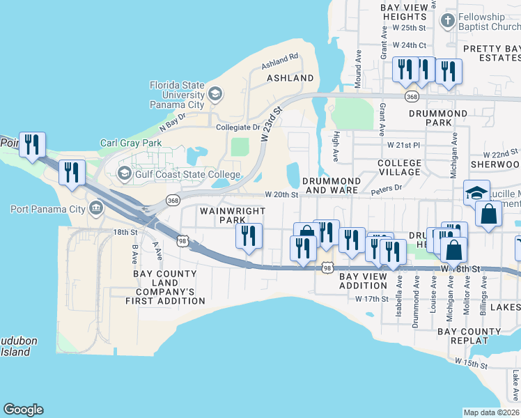 map of restaurants, bars, coffee shops, grocery stores, and more near 4424 West 20th Street in Panama City