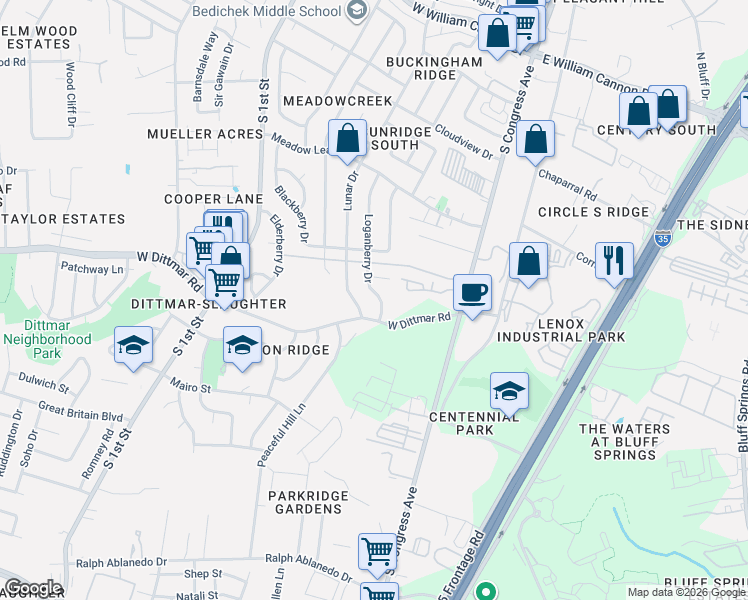 map of restaurants, bars, coffee shops, grocery stores, and more near 215 Loganberry Court in Austin