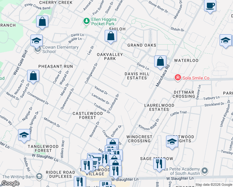 map of restaurants, bars, coffee shops, grocery stores, and more near 2302 Comburg Castle Way in Austin