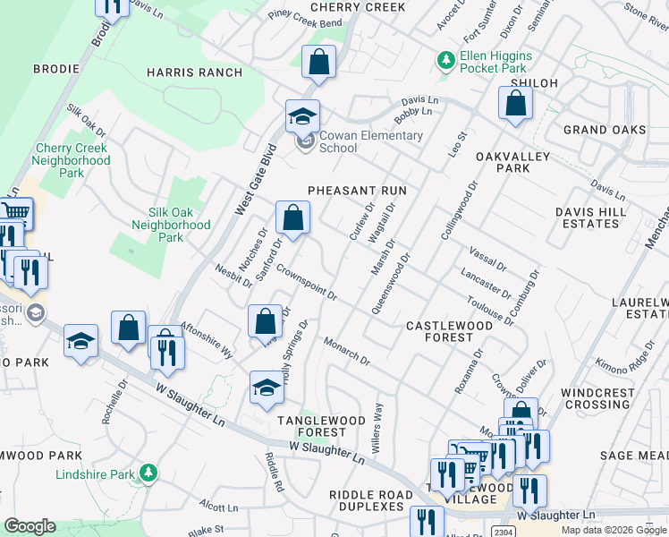map of restaurants, bars, coffee shops, grocery stores, and more near 2704 Dupoint Cove in Austin