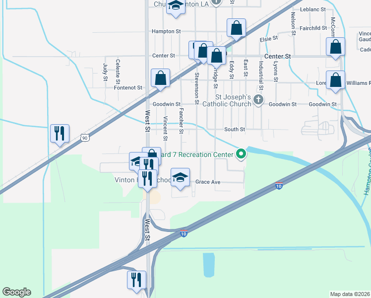 map of restaurants, bars, coffee shops, grocery stores, and more near 1610 Stevenson Street in Vinton