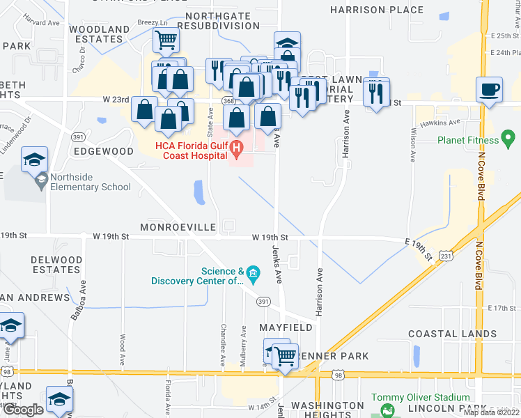 map of restaurants, bars, coffee shops, grocery stores, and more near 1937 Jenks Avenue in Panama City
