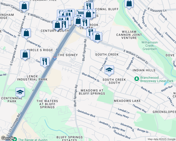 map of restaurants, bars, coffee shops, grocery stores, and more near 1901 Deer Run Drive in Austin