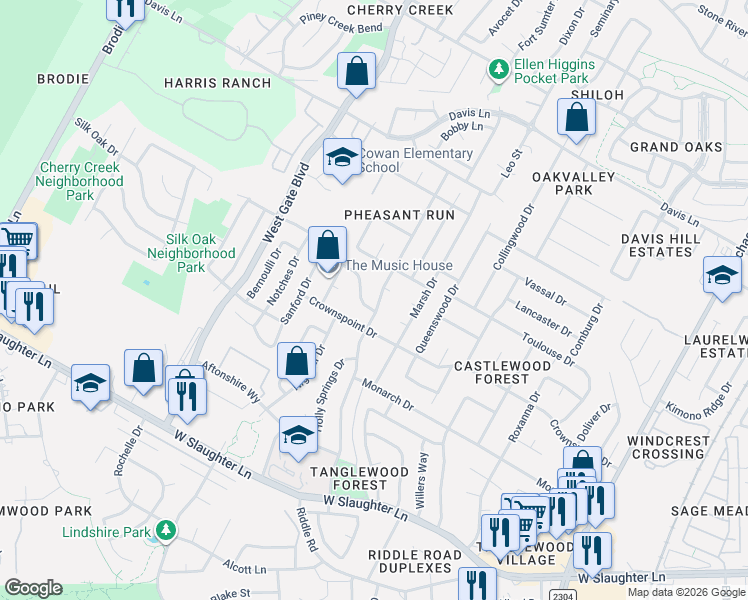 map of restaurants, bars, coffee shops, grocery stores, and more near 9306 Curlew Drive in Austin