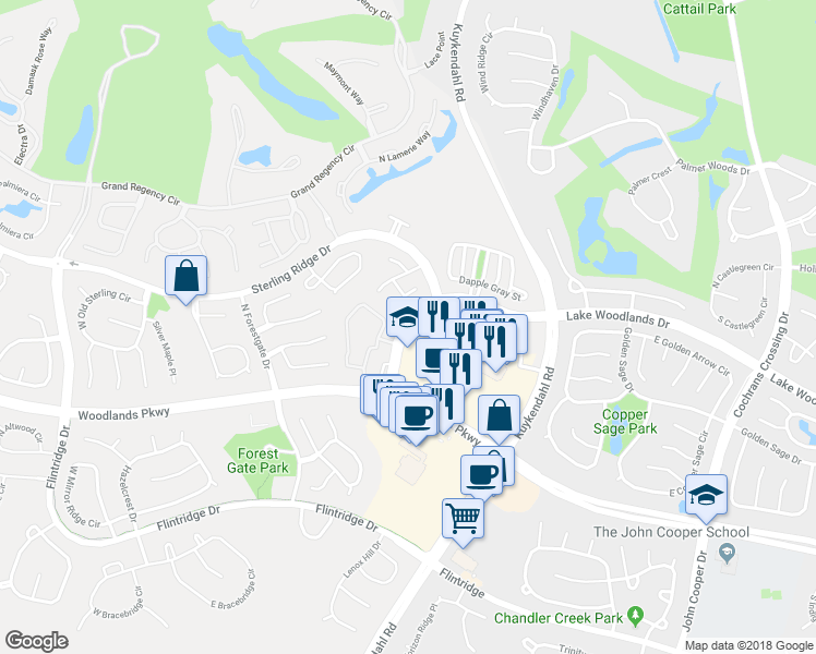 map of restaurants, bars, coffee shops, grocery stores, and more near 6841 Lake Woodlands Drive in Spring