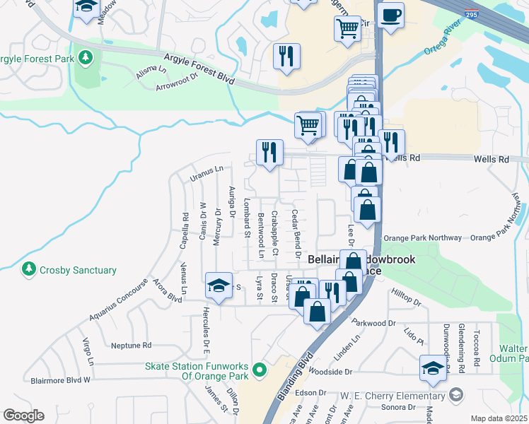 map of restaurants, bars, coffee shops, grocery stores, and more near 459 Lombard Street in Orange Park