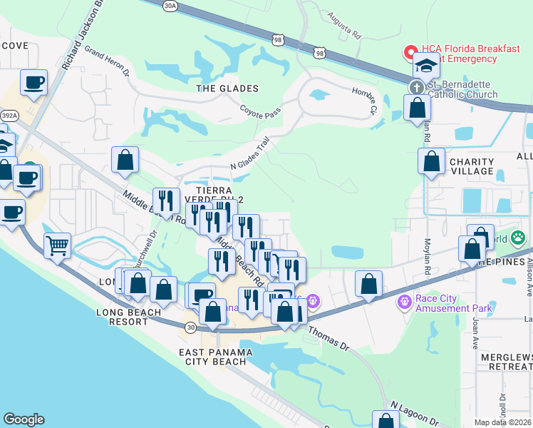 map of restaurants, bars, coffee shops, grocery stores, and more near Shoal Point Court in Panama City Beach