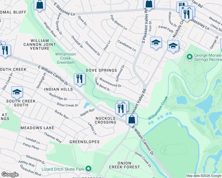 map of restaurants, bars, coffee shops, grocery stores, and more near 4802 Brassiewood Drive in Austin