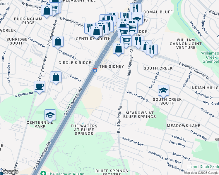 map of restaurants, bars, coffee shops, grocery stores, and more near 7100 Bluff Springs Road in Austin