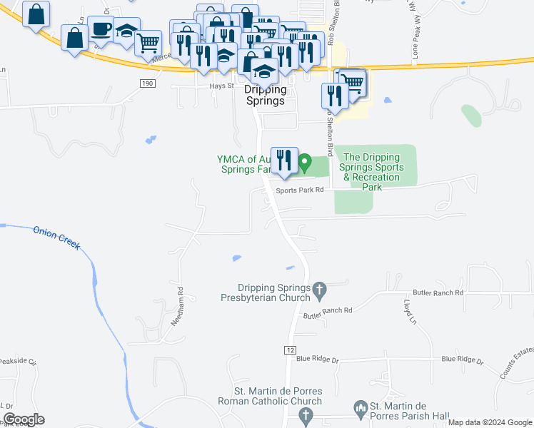 map of restaurants, bars, coffee shops, grocery stores, and more near 100 A B Chestnut Road in Dripping Springs