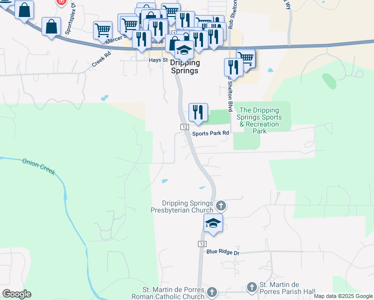 map of restaurants, bars, coffee shops, grocery stores, and more near 100 A B Chestnut Road in Dripping Springs