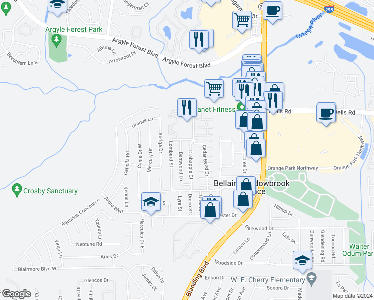map of restaurants, bars, coffee shops, grocery stores, and more near 458 Crabapple Court in Orange Park