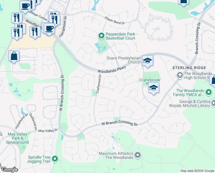 map of restaurants, bars, coffee shops, grocery stores, and more near 3 English Lavender Place in Spring