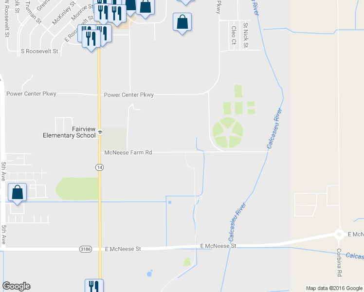 map of restaurants, bars, coffee shops, grocery stores, and more near 2906 McNeese Farm Road in Lake Charles