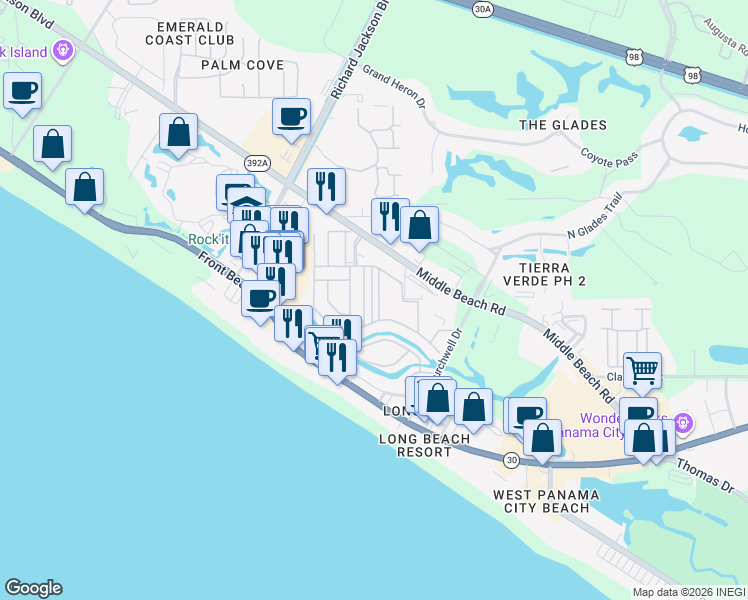 map of restaurants, bars, coffee shops, grocery stores, and more near 150 West Leslie Lane in Panama City Beach